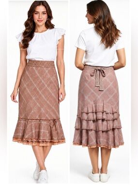 Free People RARE Vintage Tiered Plaid and Lace Midi Bustle Skirt Size 8